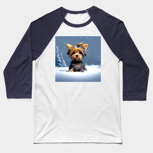 Cute Yorkshire Terrier Puppy in the winter snow Baseball T-Shirt by Geminiartstudio